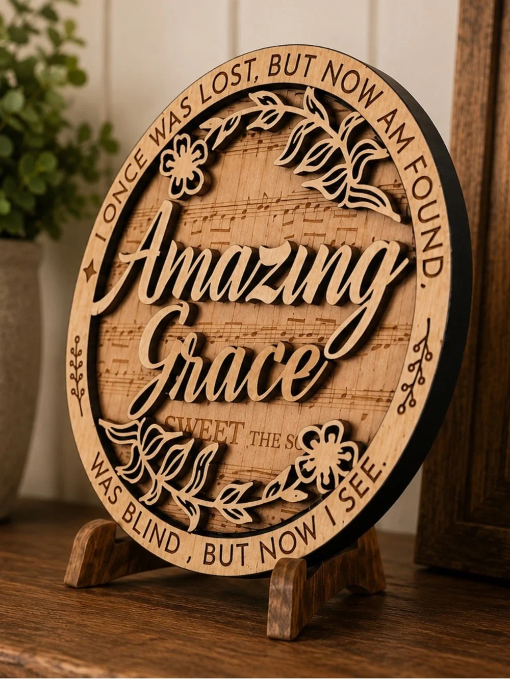 Amazing Grace Wood Plaque Sign 3D Layered Hymn Art with Stand